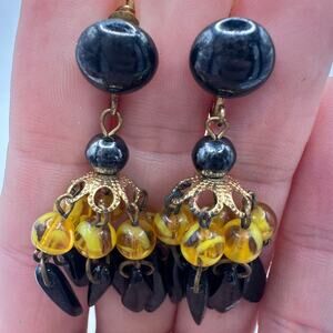 West Germany vintage gold yellow black glass beaded dangle screw back earrings